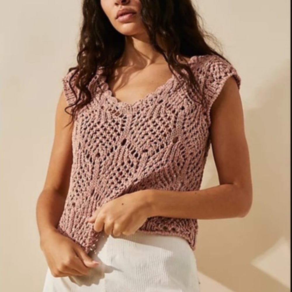 Free People Beach Alicia Fauxchet Knit Crochet Crop Top Size Small Pink